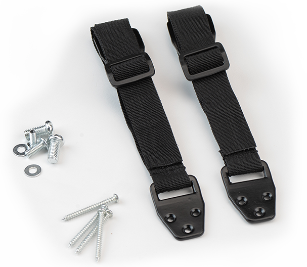 Unassembled brackets, straps, screws and washers on tabletop