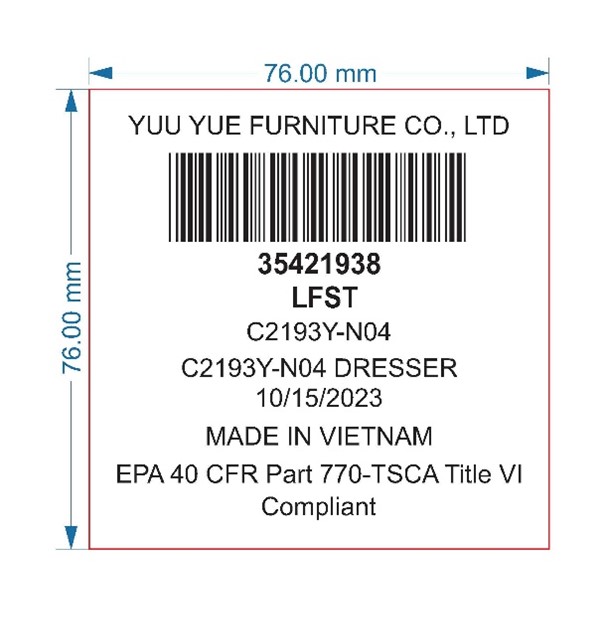 White label on rear panel of recalled dresser (Cherry)