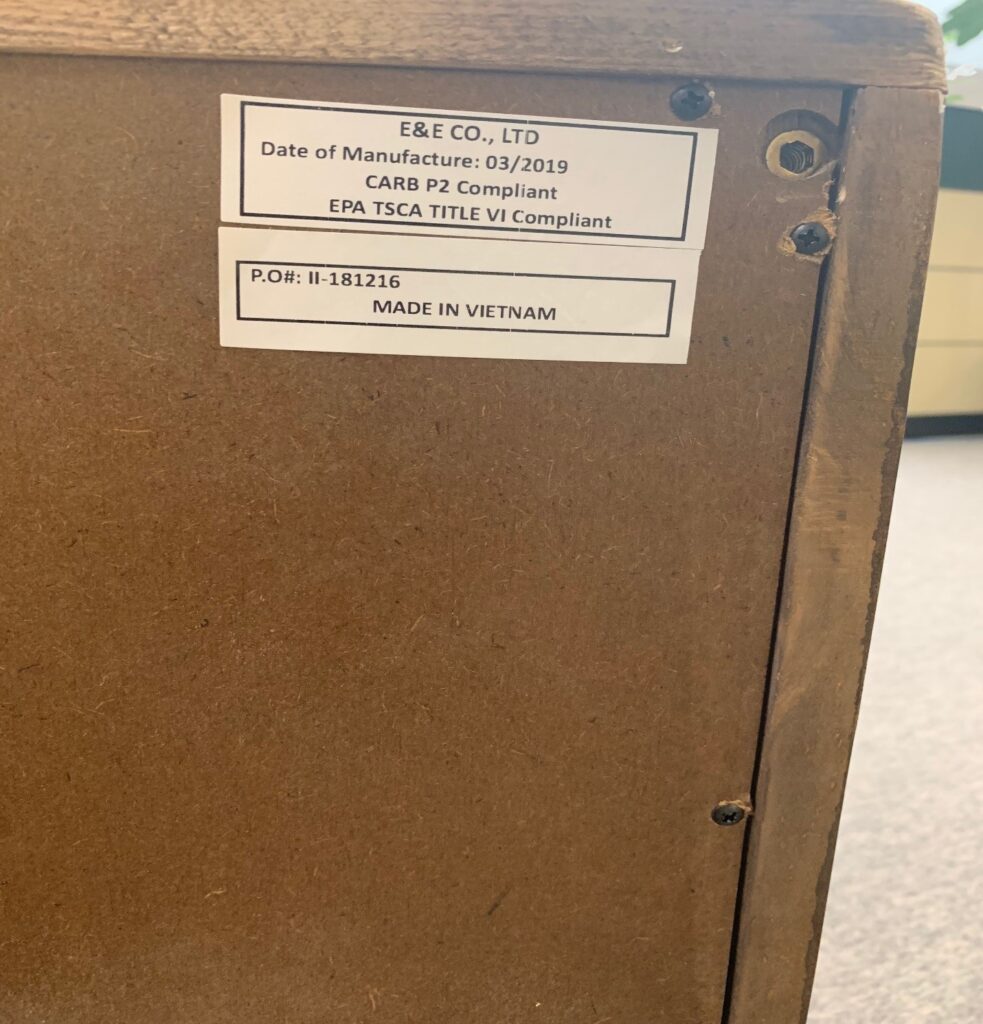Stickers on the back of each recalled dresser display company information, PO number and the words “MADE IN VIETNAM.”
